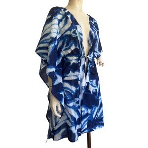 DEBBIE KATZ South Beach Swim Cover Up Robe Blue Tie Dye Tropical Resort Size XS